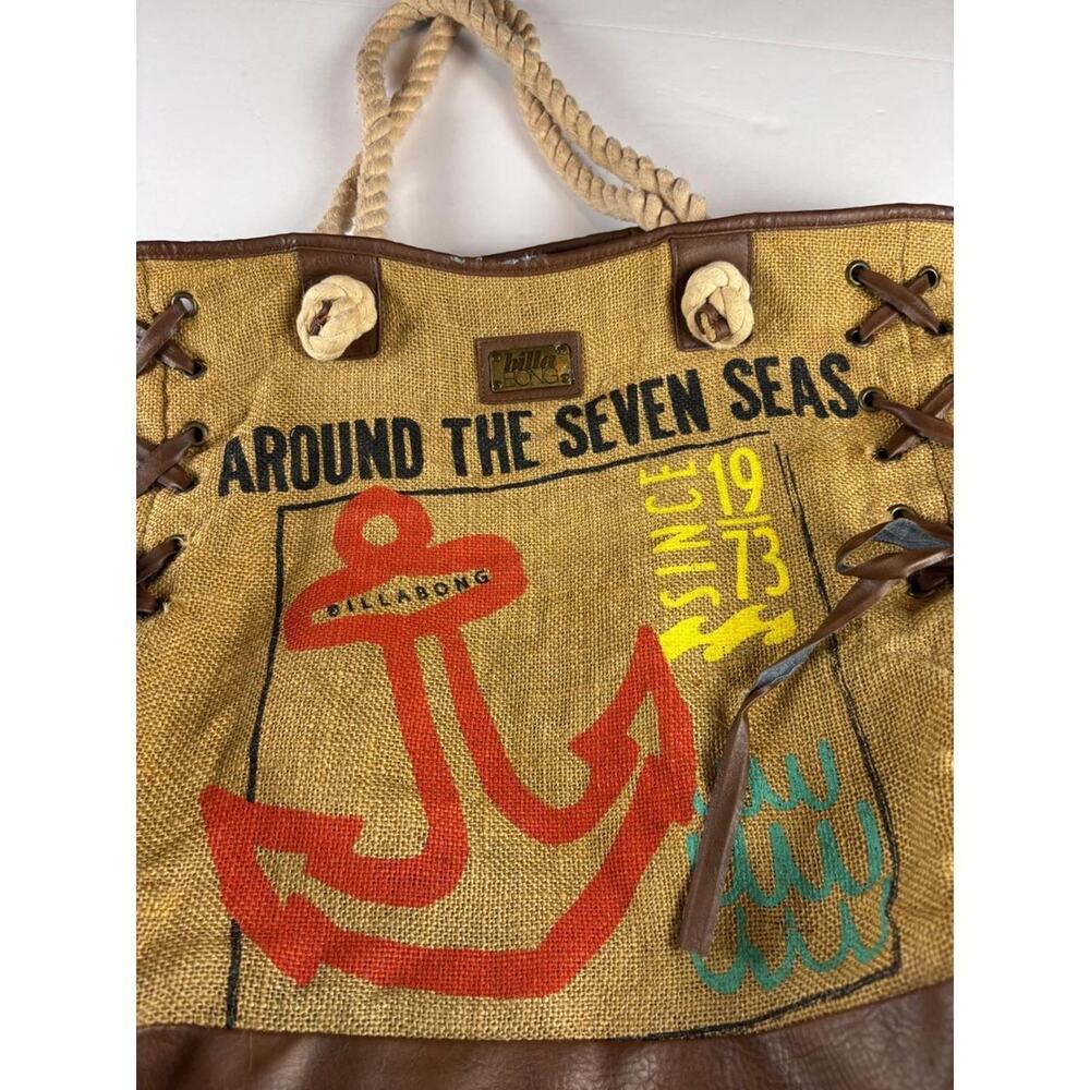 Billabong Nautical Anchor Tote Bag Rope Handle Leather Trim Beach Coastal Summer - Picture 2 of 8